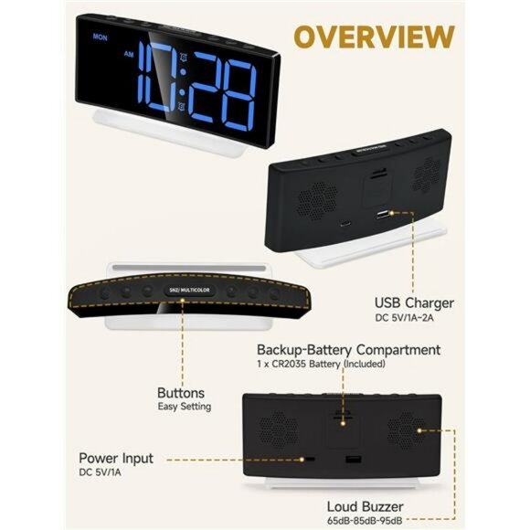 Extra Loud Alarm Clock for Heavy Sleepers LED Display Color Night Light - Picture 6 of 7